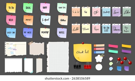 Paper and  notes, stickers, sticky sheets and tape Vector Set, on gray background, Notepaper meeting reminder, Flat Modern design , illustration Vector EPS 10 
