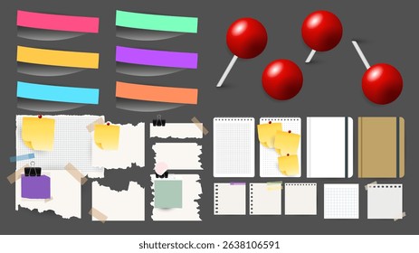 Paper and  notes, stickers, sticky sheets and tape Vector Set, on gray background, Notepaper meeting reminder, Flat Modern design , illustration Vector EPS 10 
