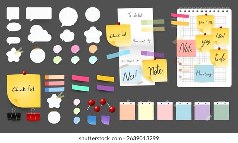 Paper and  notes, stickers, sticky sheets and tape Vector Set, on gray background, Notepaper meeting reminder, Flat Modern design , illustration Vector EPS 10 