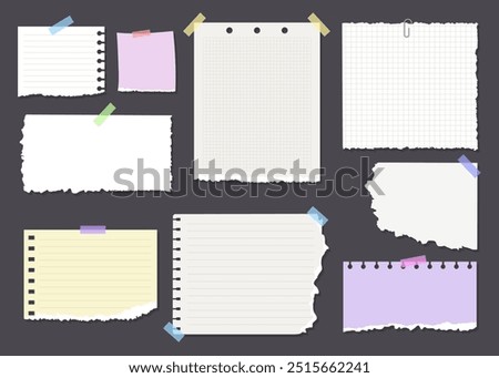 Paper notes, stickers, sticky sheets and tape. Cartoon torn sheets of paper from a notebook. Office notepads and information boards concept. Blank pages for your text. Vector illustration