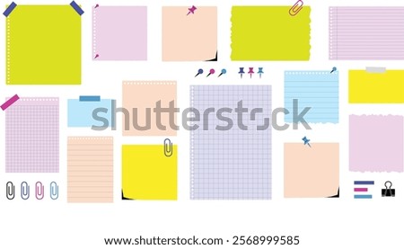 Paper notes, stickers, sticky sheets and tape. Vector set of to do list, memo messages, notepads and torn paper sheets. Stationary, pins, paper clips, tape and post it