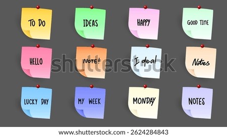Paper and  notes, stickers, sticky sheets and tape Vector Set, on gray background, Notepaper meeting reminder, Flat Modern design , illustration Vector EPS 10 
