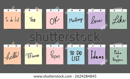 Paper and  notes, stickers, sticky sheets and tape Vector Set, on gray background, Notepaper meeting reminder, Flat Modern design , illustration Vector EPS 10 
