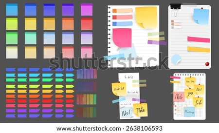 Paper and  notes, stickers, sticky sheets and tape Vector Set, on gray background, Notepaper meeting reminder, Flat Modern design , illustration Vector EPS 10 
