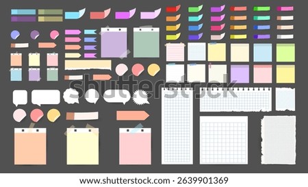 Paper and  notes, stickers, sticky sheets and tape Vector Set, on gray background, Notepaper meeting reminder, Flat Modern design , illustration Vector EPS 10 