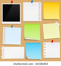 Paper notes, sticky papers an photo frames on bulletin board, vector eps10 illustration