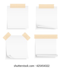 Paper notes with tape, four blank paper sheets attached by tape, vector eps10 illustration