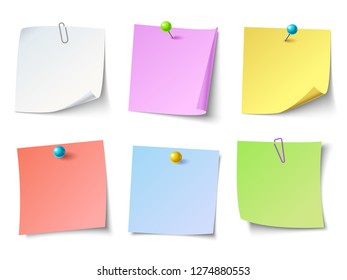 Paper notes. Top view note sticker or memo sticky paper. Notepaper, business tack remind stickers notes or bulletin papers sheet colorful vector isolated icons set