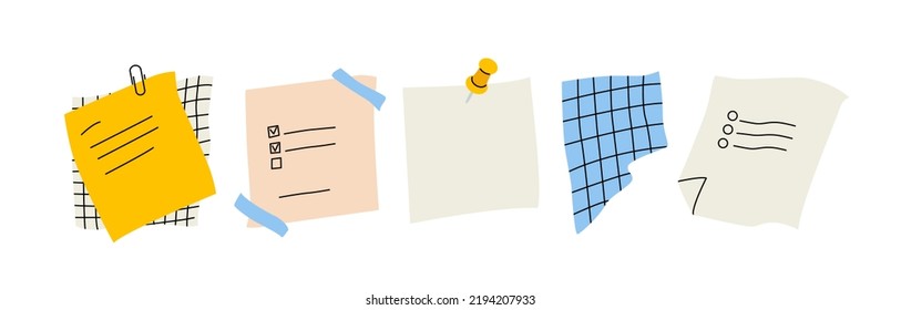 Paper notes. Various pieces of paper on stickers, sticky tape, button and paperclip. Blank templates, sheet for notes, to do list, reminders. Torn sheets of paper,checkered sheets. Vector