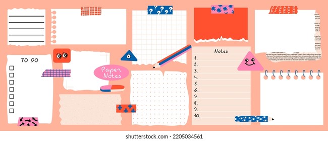 Paper notes with washi tapes. Set with blank Paper sticky notes for to do list, reminders, scheduler. Pencils, funny forms. Vector illustration. 