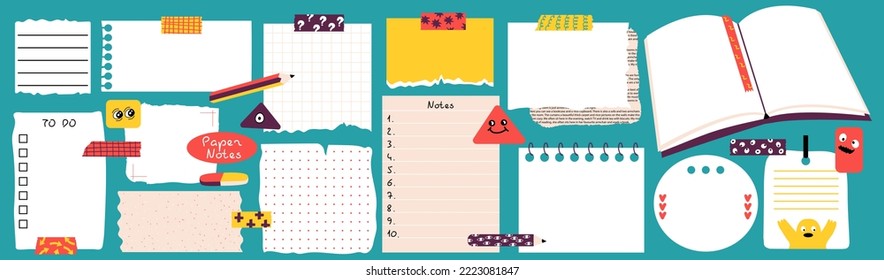 Paper notes with washi tapes. Set with blank Paper sticky notes for to do list, reminders, scheduler. Pencils, funny forms, book. Vector illustration. 