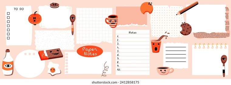 Paper notes with washi tapes. Set with blank Paper sticky notes for to do list, reminders, scheduler. Pencils, funny forms. Vector illustration. 