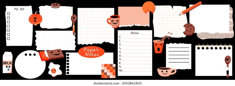 Paper notes with washi tapes. Set with blank Paper sticky notes for to do list, reminders, scheduler. Pencils, funny forms. Vector illustration. 