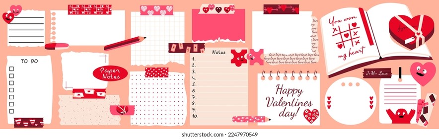 Paper notes with washi tapes. Valentines Day concept. Set with blank Paper sticky notes for to do list, reminders, scheduler. Pencils, funny forms, hearts. Vector illustration.