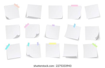 Paper notes. white stickers or notepad pages with curled corners. Empty blanks for messages. Realistic  mock up.