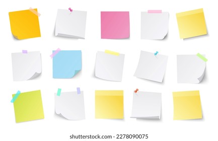 Paper notes. white stickers or notepad pages with curled corners. Empty blanks for messages. Realistic  mock up.