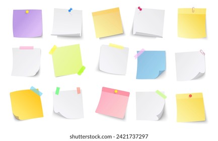 Paper notes. white stickers or notepad pages with curled corners. Empty blanks for messages. Realistic  mock up.