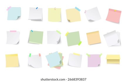 Notas de papel. pegatinas blancas o páginas de bloc de notas con esquinas rizadas. Espacios en blanco vacíos para mensajes. Maqueta realista.