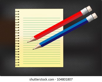 Paper notice on leather board with three pencils