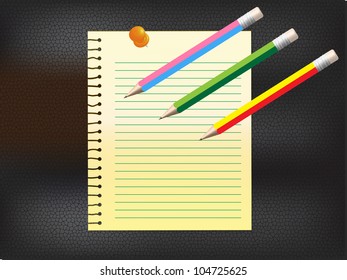 Paper notice pegging on leather board with three pencils