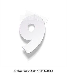 The paper number fixed by an adhesive tape. Vector paper alphabet