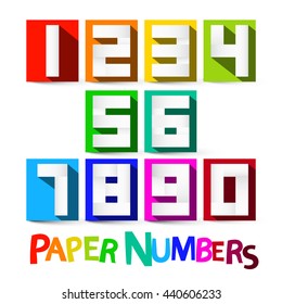 Paper Number Set. Colorful Paper Cut Vector Numbers Isolated on White Background.