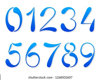 Paper numbers. Blue isolated on white background figures of alphabet letter font with shadows. 0 1 2 3 4 5 6 7 8 9 numbers for birthday or wedding anniversary.
