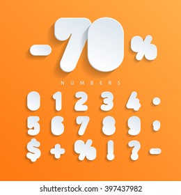 Paper numerals. White alphabet flat shape and with rounded corners. It allows colorfully decorate posters, label, badge, banners and cards. Vector Illustration