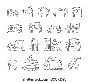 Paper objects set with working little people. Doodle cute miniature scenes of workers with stationery. Hand drawn cartoon vector illustration for business and school design.