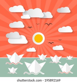 Paper Ocean with Boats - Vector Nature Illustration