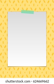 Paper on the patterned wall realistic mock up. Blank paper sheet with washi tape. Poster design Eps 10 stock vector illustration.