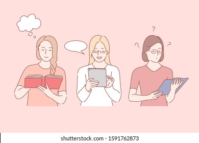 Paper and online documents, information sources, different emotions concept. Book reading, writing message, project work, women with print editions and electronic device. Simple flat vector