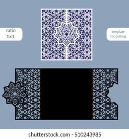 Paper openwork  square  greeting card, wedding invitation, template for cutting, lace imitation, cut on plotter, metal plate cut by laser,  vector illustration