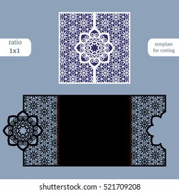Paper openwork  square  greeting card, wedding invitation, template for cutting, lace imitation, cut on plotter, metal plate cut by laser,  vector illustration