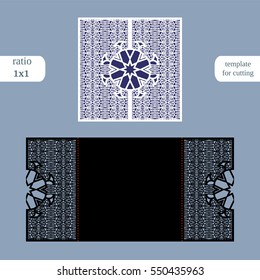 Paper openwork  square  greeting card, wedding invitation, template for cutting, lace imitation, cut on plotter, metal plate cut by laser,  vector illustration