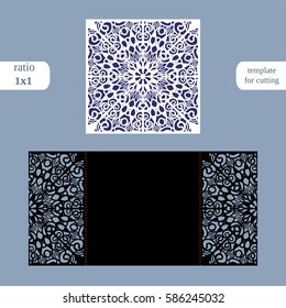 Paper openwork  square  greeting card, wedding invitation, template for cutting, labstract round pattern,  metal plate cut by laser,  vector illustration.