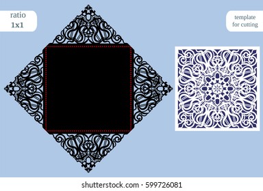 Paper openwork  square  greeting card, wedding invitation, template for cutting, lace imitation, cut on plotter, metal plate cut by laser,  vector illustration