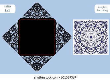 Paper openwork  square  greeting card, wedding invitation, template for cutting, lace imitation, cut on plotter, metal plate cut by laser,  vector illustration