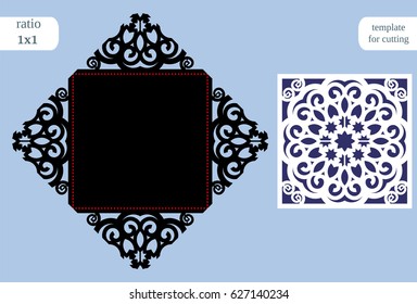 Paper openwork  square  greeting card, wedding invitation, template for cutting, lace imitation, cut on plotter, metal plate cut by laser,  vector illustration