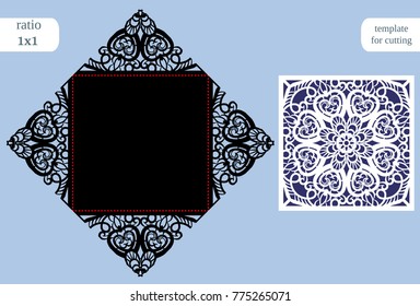 Paper openwork  square  greeting card, wedding invitation, template for cutting, lace imitation, cut on plotter, metal plate cut by laser,  vector illustration
