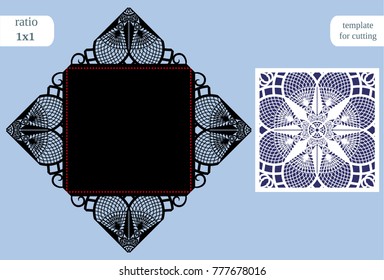Paper openwork  square  greeting card, wedding invitation, template for cutting, lace imitation, cut on plotter, metal plate cut by laser,  vector illustration