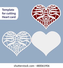 Paper openwork  wedding card, heart shape,  greeting postcard, template for cutting, lace imitation,  gift on Valentine's Day, love letter,  curve plotter,   vector illustration