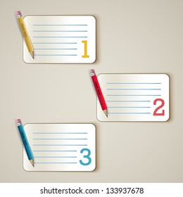 Paper options with yellow, red and blue pencil - one, two, three on the beige background