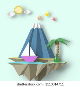 Paper Origami Abstract Concept, Applique Scene with Cut Birds, Mountain, Yacht and Fly Island. Custom Artwork. Cut out Template with Elements, Symbols for Card. Vector Illustrations Art Design.