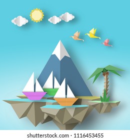 Paper Origami Abstract Concept, Applique Scene with Cut Birds, Yacht, Mountain, Palm and Fly Island. Artistic Artwork. Cutout Template with Elements, Symbols for Card. Vector Illustrations Art Design.