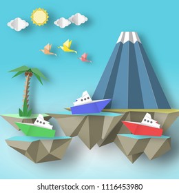 Paper Origami Abstract Concept, Applique Scene with Cut Birds, Steamship, Mountain and 3D Fly Island. Fantasy Artwork. CutOut Template with Elements, Symbols for Card. Vector Illustration Art Paper De