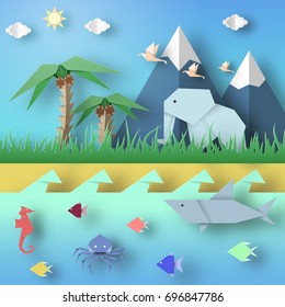 Paper Origami Abstract Concept, Applique Scene With Cut Elephants, Birds, Underwater Life. Kids Cutout Template With Elements, Symbols. Landscape For Summer Cards. Vector Illustrations Art Design.