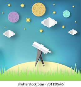 Paper Origami Abstract Concept, Applique Scene with Cut Telescope and Stars. Observation Through a Spyglass. Crafted  Cutout Template with Elements, Symbols for Card. Vector Illustrations Art Design.