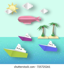 Paper Origami Airship Flies over the Sea and the Island. Vector Graphics Illustrations Art Design. Cut Landscape Scene. Kids Dirigible, Palm, Ship, Island, Clouds, Sun. Papercut Style. Cutout Trend. 