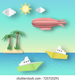 Paper Origami Airship Flies over the Sea and the Island. Vector Graphics Illustrations Art Design. Cut Landscape Scene. Kids Dirigible, Palm, Ship, Island, Clouds, Sun. Papercut Style. Cutout Trend. 